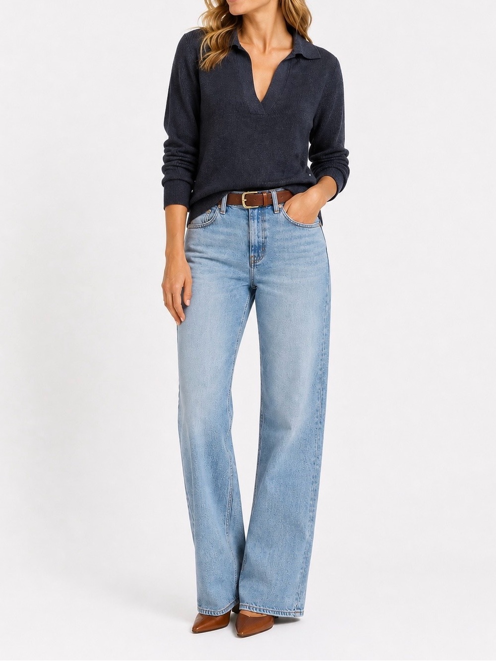 Navy V-Neck Long Sleeve Knits top